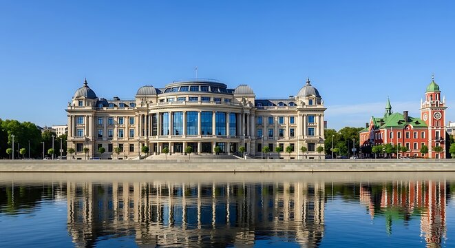 Grand neoclassical building and red brick clock tower reflecting in a calm river under a clear blue sky.