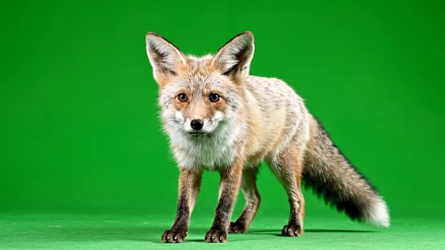A red fox with reddish-brown fur and a bushy tail stands alertly against a vibrant green screen background, looking directly forward.