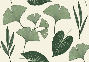 Seamless Vintage Botanical Pattern with Ginkgo Biloba and Tropical Leaves  Elegant Hand-Drawn Green Foliage Background for Textile, Wallpaper, and Interior Design © sawadi