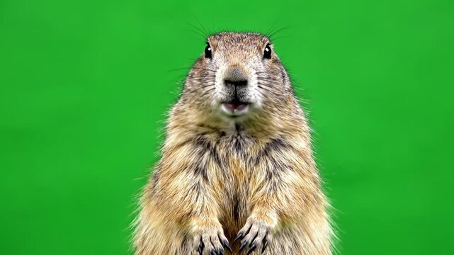 A close-up shot of a curious prairie dog standing upright on its hind legs against a vibrant green screen background, looking directly at the viewer.