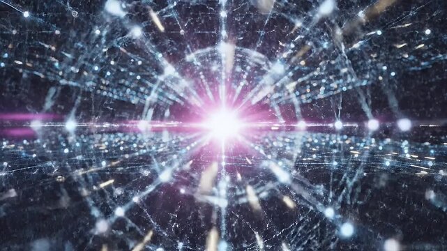 A mesmerizing abstract visualization depicts a complex network of interconnected nodes and lines radiating outwards from a central point, creating a sense of depth and futuristic technology.