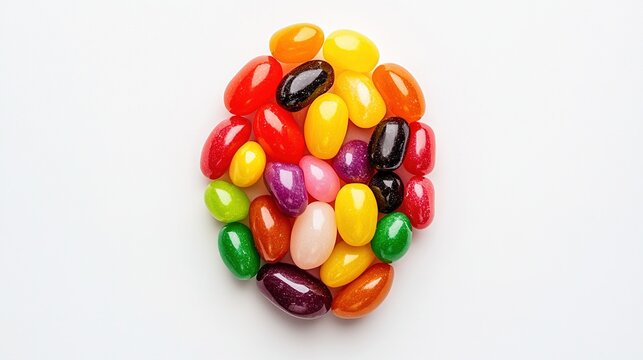 colorful jelly beans arranged in an easter egg shape on a white background,  colorful jelly bean candies for easter celebration
