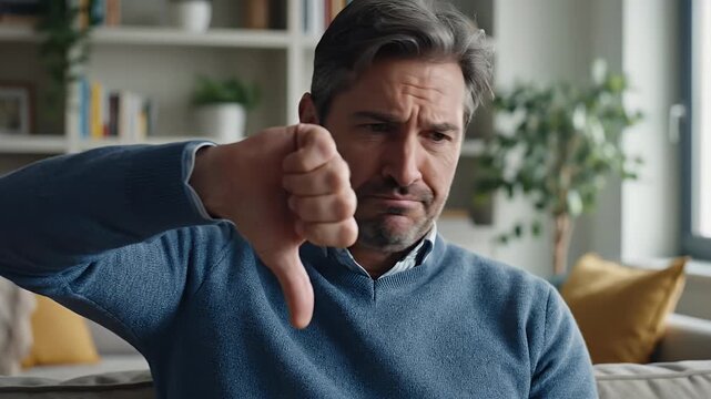 A middle-aged man with graying hair and a blue sweater raises his hand in a dismissive gesture while seated in a modern living room.