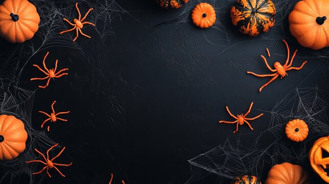 A dark background with pumpkins and spiders for a spooky Halloween decoration
