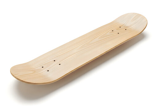 Blank wooden skateboard deck on a clean white background with subtle shadow