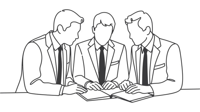 Three faceless business professionals in suits reviewing an open book or document together at a desk.