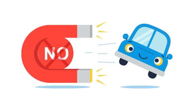A cute blue car is repelled by a red horseshoe magnet with a "NO" symbol