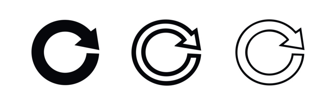 Reload refresh arrow icon set, circular sync or update symbol in three styles, application function