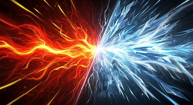 A split image of fire and ice meeting at a central point, showcasing contrasting elements