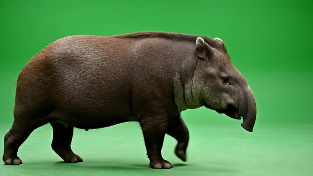 A brown tapir with a distinctive snout walks across a vibrant green background.