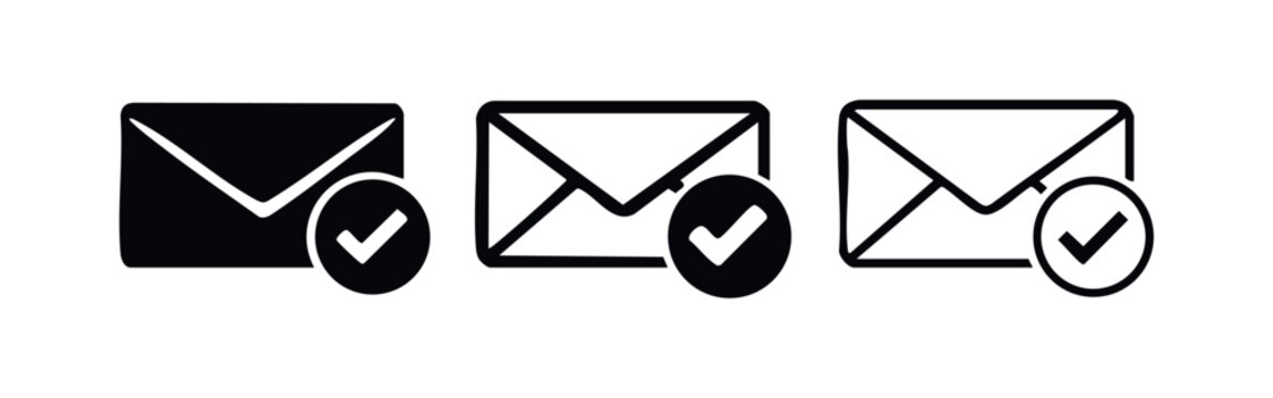 Mail with checkmark icon set. Email message sent, read, or confirmed symbol on white background.