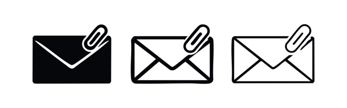 Mail with attachment icon set. Email message with paperclip symbol on white background.