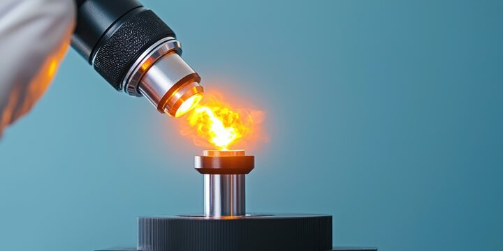 workshops group technical concept. Close-up of a specialized tool creating a controlled flame to work on a small metal component.