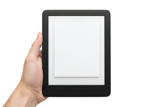 Hand holding a digital reader with blank screen for copy space during digital reading
