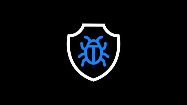 Animated bug shield icon representing malware protection, virus defense, and cybersecurity safety. Ideal for antivirus software, threat detection systems, and digital security visuals.