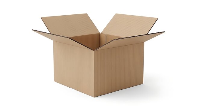 An empty brown cardboard box featuring open flaps stands ready for packing, shipping, storage, moving, or logistics supply chain purposes.