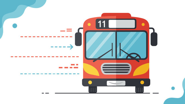 Red city transit bus moving quickly with speed lines representing efficient urban transportation and public commute.