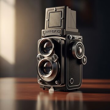 Classic Vintage Rolleiflex Twin Lens Reflex Camera on Wooden Table.