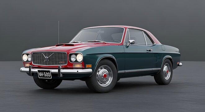 Classic vintage Volvo 164 coupe automobile in dark green and red color scheme.