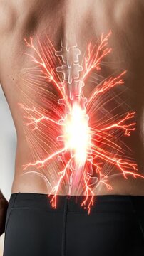 Lumbar pain lower back backache spine injury inflammation nerve anatomy male back glowing spine illustration for healthcare education awareness medical symptoms sciatica posture