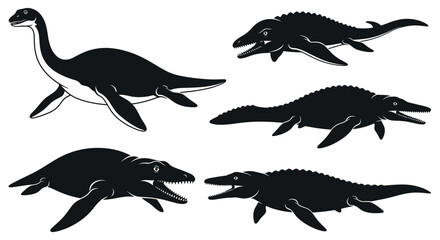 Prehistoric Sea Monster Silhouettes Ancient Marine Dinosaur Vector Illustration Set © Fajar