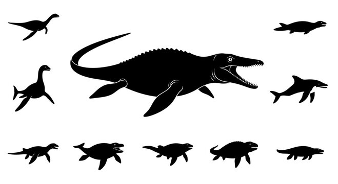 Prehistoric Marine Reptile Silhouette Collection and Ancient Sea Monster Vector Illustration