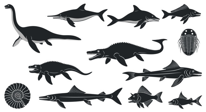 Prehistoric Marine Life Silhouette Collection and Ancient Ocean Creatures Vector Illustration