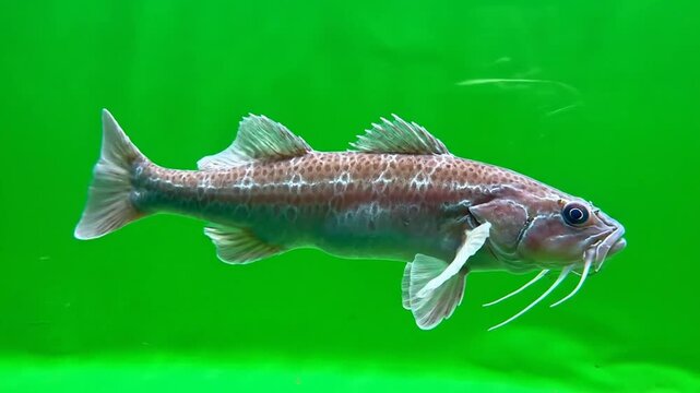 A detailed side view of a fish with prominent barbels swimming in vibrant green water.
