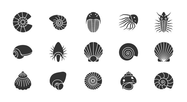 Prehistoric Marine Life and Fossil Shell Silhouettes Illustration Vector Design Element Set