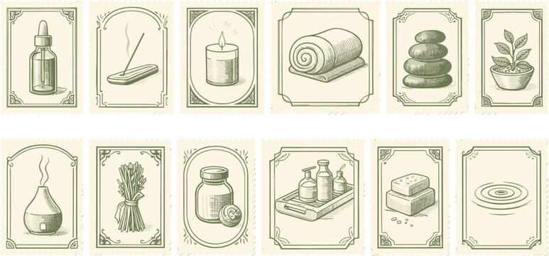 Illustration of Vintage Green Bordered Icons Set Herbs Spices Baking Cooking Apothecary Tools