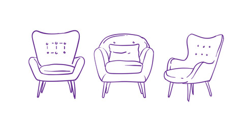 Set of armchair outline sketch. hand drawn linear chairs collection. Line art illustration of soft furniture. Scandinavian armchairs sketches. Vector illustration design