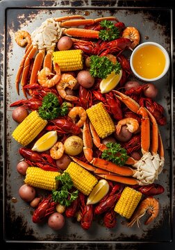 Seafood boil with crab legs, shrimp, crawfish, and corn on the cob