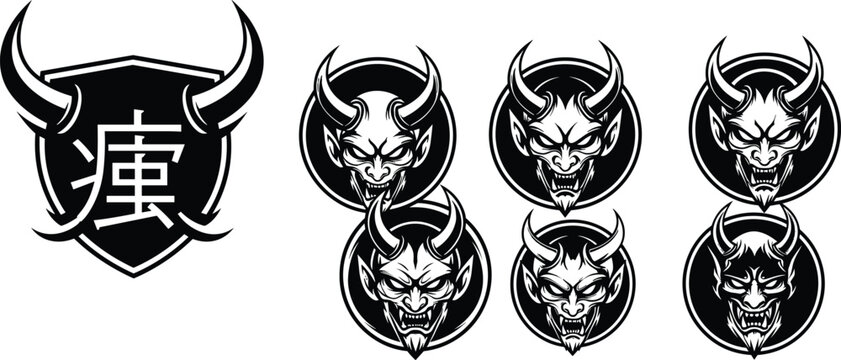 Black and white vector set featuring demonic oni mask heads with horns and Japanese kanji shield symbols for aggressive sports team logos or tattoos.