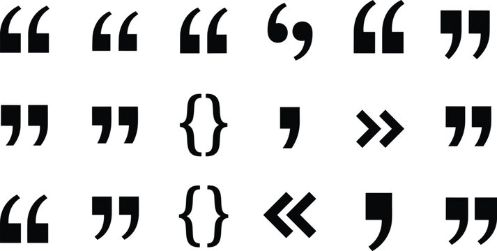 Collection of black quotation marks and punctuation symbols featuring various double quotes curly brackets and commas for text typography writing citation and editorial design.