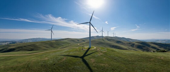 Wind turbines on green rolling hills for renewable energy and sustainable environmental growth