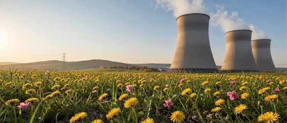 Nuclear power plant cooling towers and flowers for clean energy and environmental sustainability concept