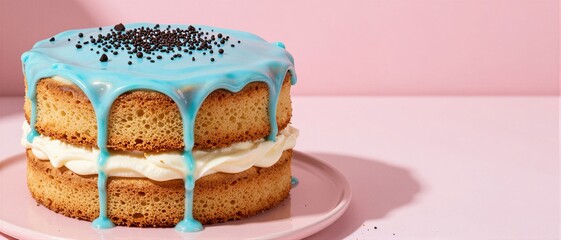 Layered drip cake with blue icing and cream filling on pink background, celebration and bakery marketing concept