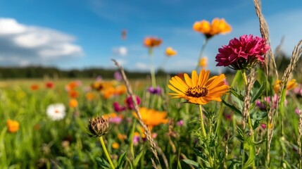Obraz premium Vibrant flower meadow under the bright sunny sky, a naturalistic panorama