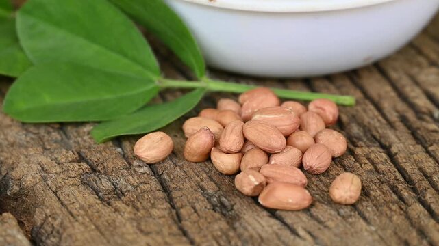 Raw peanuts in white bowl with green leaves on rustic wooden background