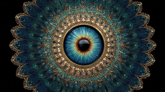 Turkish eye Nazar pattern mandala created with generative AI featuring traditional amulet symbolism in contemporary digital art form