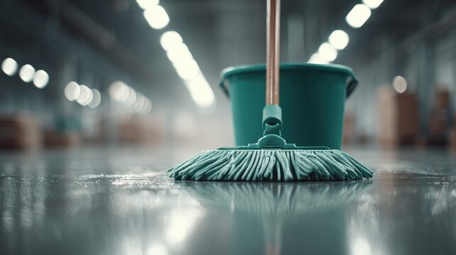 Mop and bucket on a wet floor in a warehouse or industrial setting