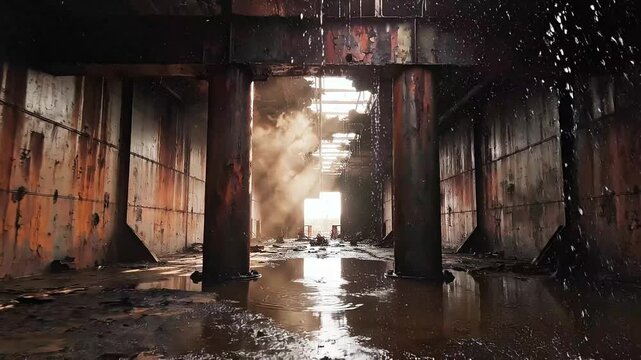 Eerie Light Piercing Through Dust and Standing Water in a Vast, Rust-Filled Abandoned Industrial Structure, Highlighting Gritty Decay and Desolation