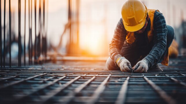 Construction worker tying rebar on a construction site
