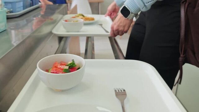 Self-service cafeteria line with fresh vegetable salad and juice on white trays in a dining hall.