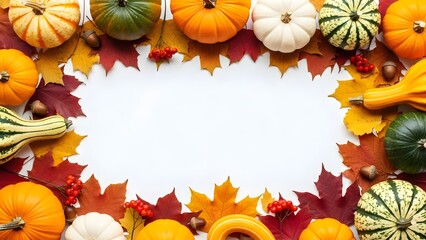 Fototapeta premium Autumnal frame with pumpkins and leaves isolated on white background