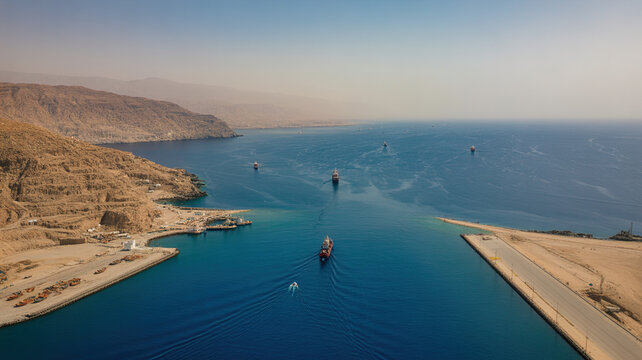 Expansive aerial drone view captures large cargo ships navigating the vital suez canal waterway connecting the mediterranean sea to the red sea through arid desert landscapes
