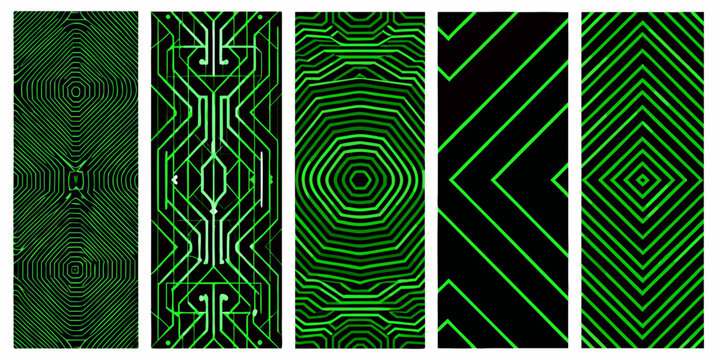 Abstract geometric patterns resembling circuit boards in vibrant green hues