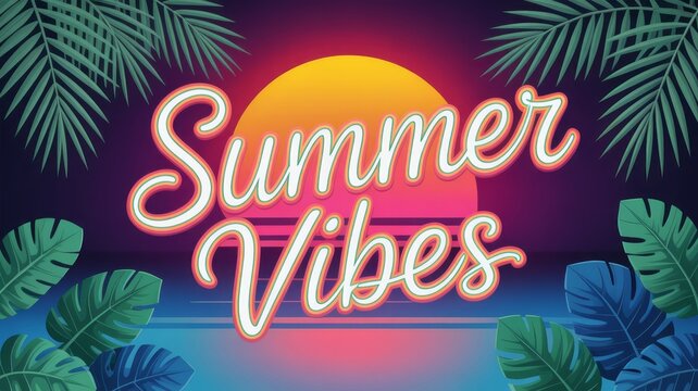 Tropical summer vibes design with sunset ocean neon cursive text and colorful leaves showing relaxing warm cheerful atmosphere perfect for vacation beach party and holiday themes.