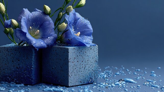 Two cement cubic podiums with rough industrial texture arranged on vibrant blue background featuring delicate eustoma flower with fresh dew drops