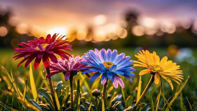 A vibrant close-up captures a cluster of colorful gerbera daisies bathed in the warm glow of a setting sun, creating a picturesque scene of natural beauty.